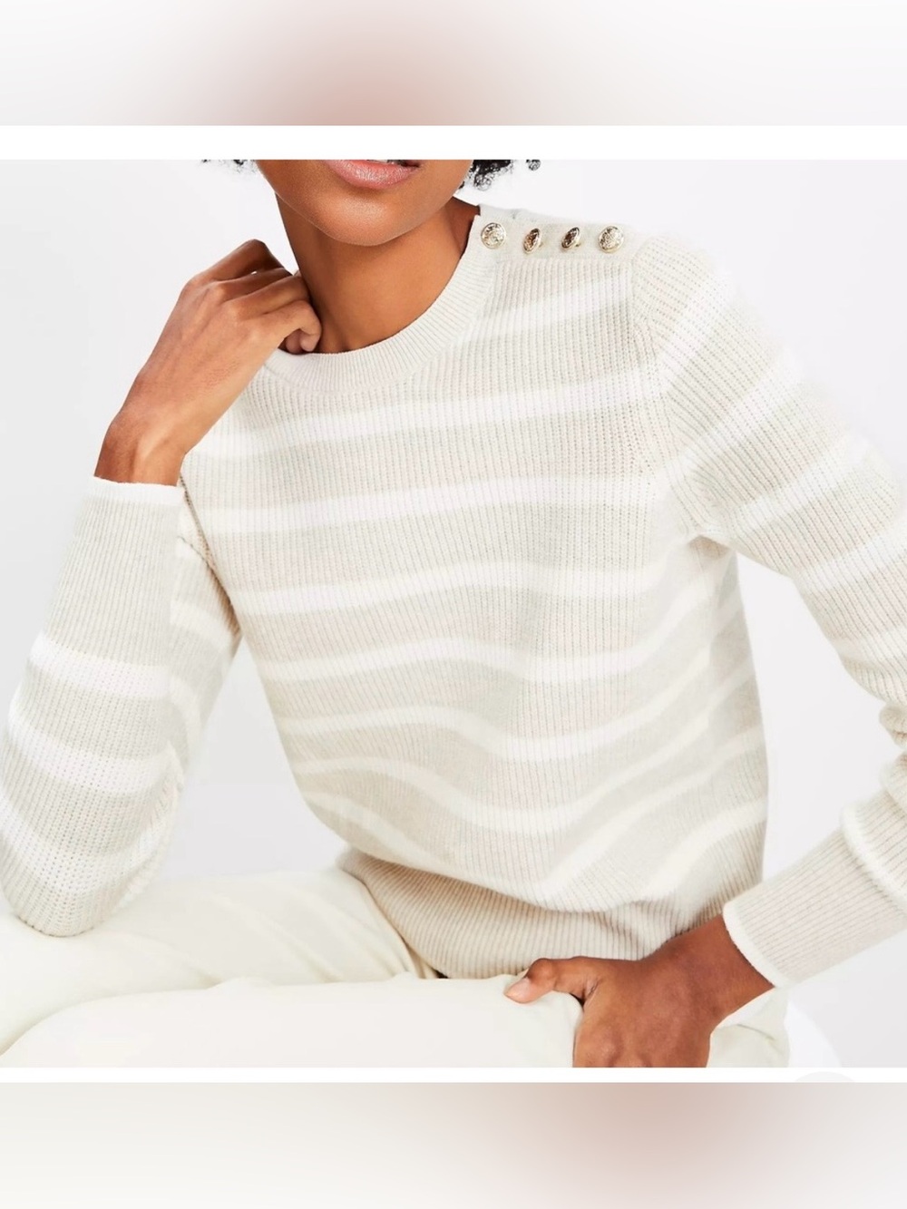 LOFT Ivory and Cream Striped Crewneck Sweater with Shoulder Buttons